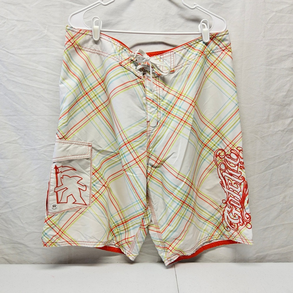 Gotcha‎ Board Shorts Mens 36 White Plaid Embroidered Logo Cargo Pocket Surf Swim